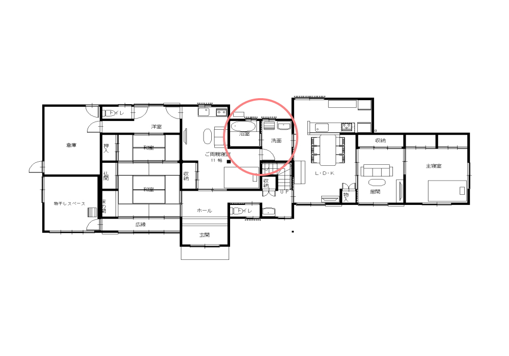 【リフォーム後　１階平面図】浴室・洗面を中央に配置し、左側をご両親の居住スペース・右側をご主人・奥様・お子様のスペースに設計しました